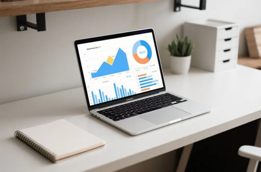 Modern editorial workspace with analytical charts on a laptop screen and a clean notebook
